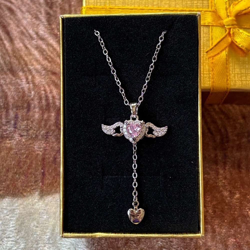 Brand New Pink Heart Angel Wings Silver Tone Necklace Cupid Pendant Valentine's